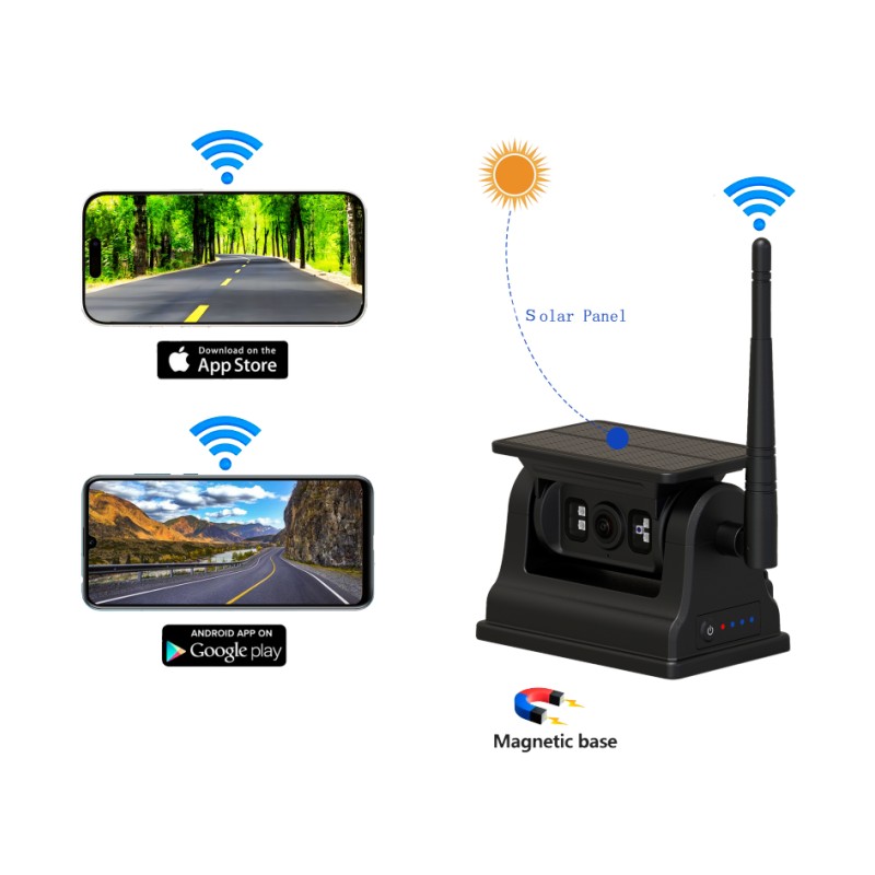 Câmera de visão traseira sem fio WiFi 1080P para Android iOS com carregamento solar e montagem magnética