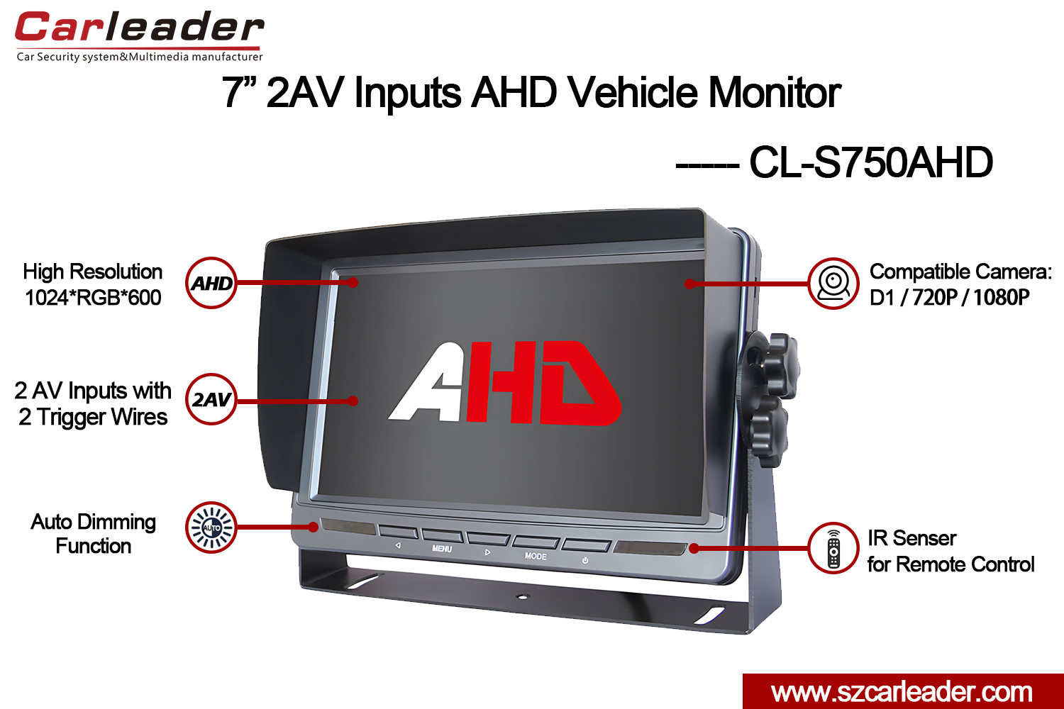 Monitor de reversão 2AV AHD de 7 polegadas para caminhão