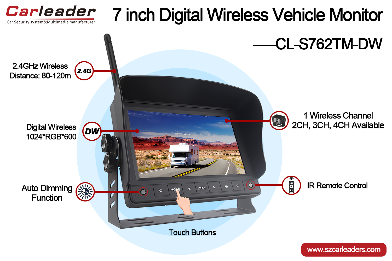 Monitor digital sem fio para carro de 7 polegadas