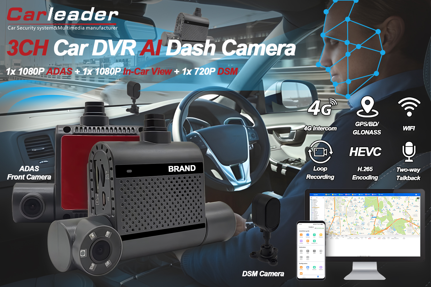 Câmera 4G Dual AI Dash com ADAS e DSM
