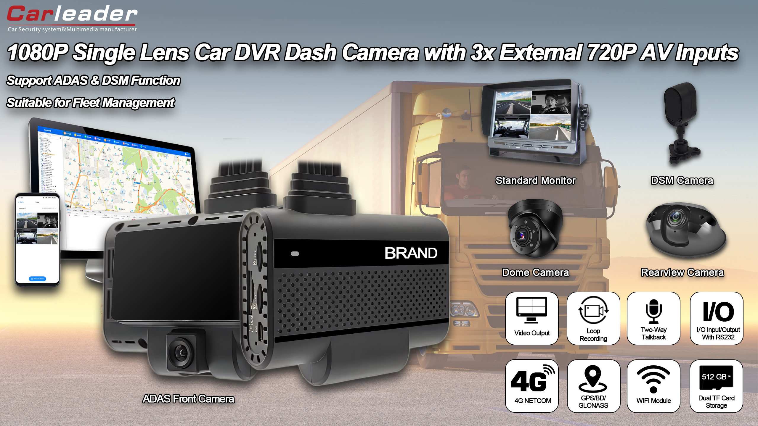 Carleader 4CH DVR Ai Dash Camera System para gerenciamento de frota