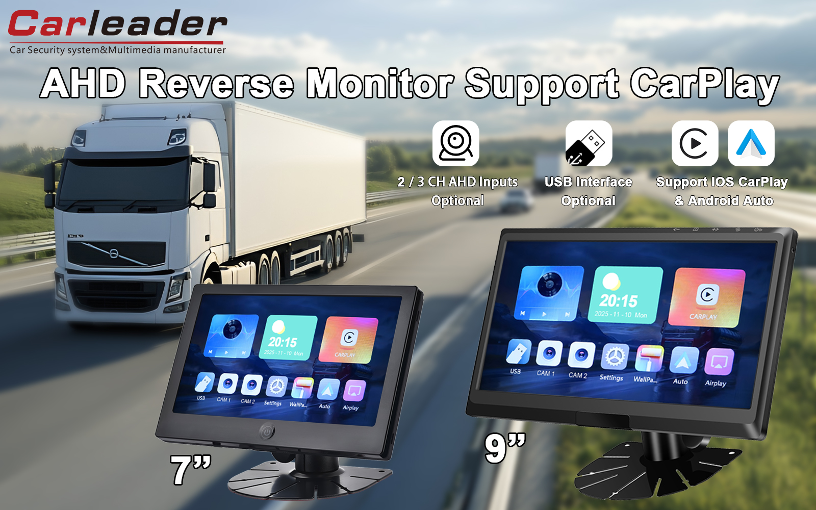 Carleader 9 Polegada IPS 2AV AHD Monitor de Veículo Suporte CarPlay Multimídia: Sua Porta de Entrada para uma Condução Mais Inteligente e Segura